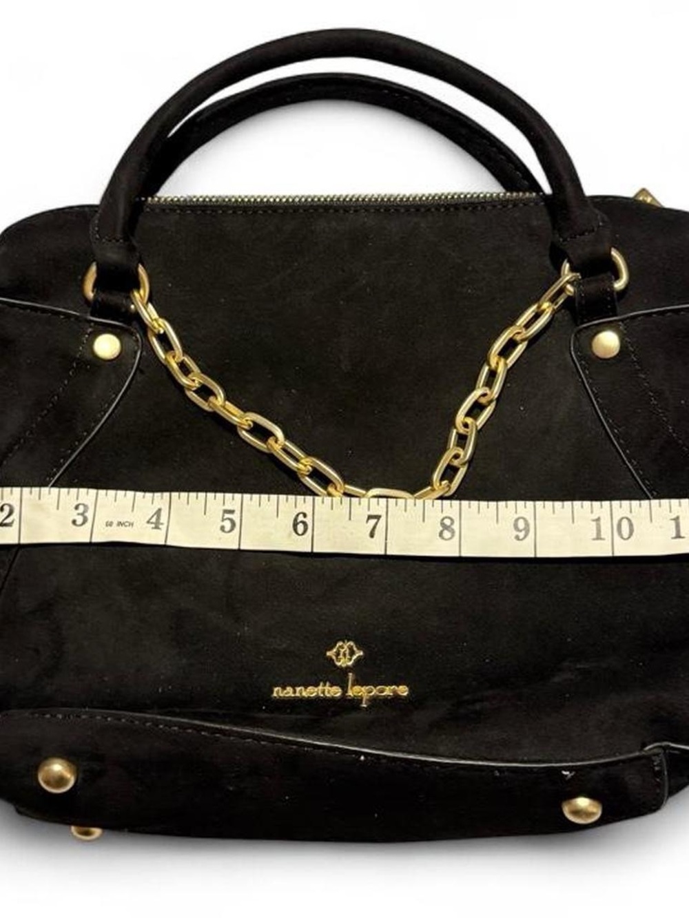 Nanette Lepore Black Suede Satchel with Gold Chain Detail